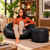 Genuine Cowhide Leather Bean Bag & Footrest Black