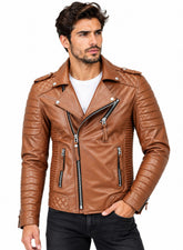 Men’s Leather Biker Jacket Mango Tan