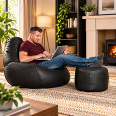 Genuine Cowhide Leather Bean Bag & Footrest Black