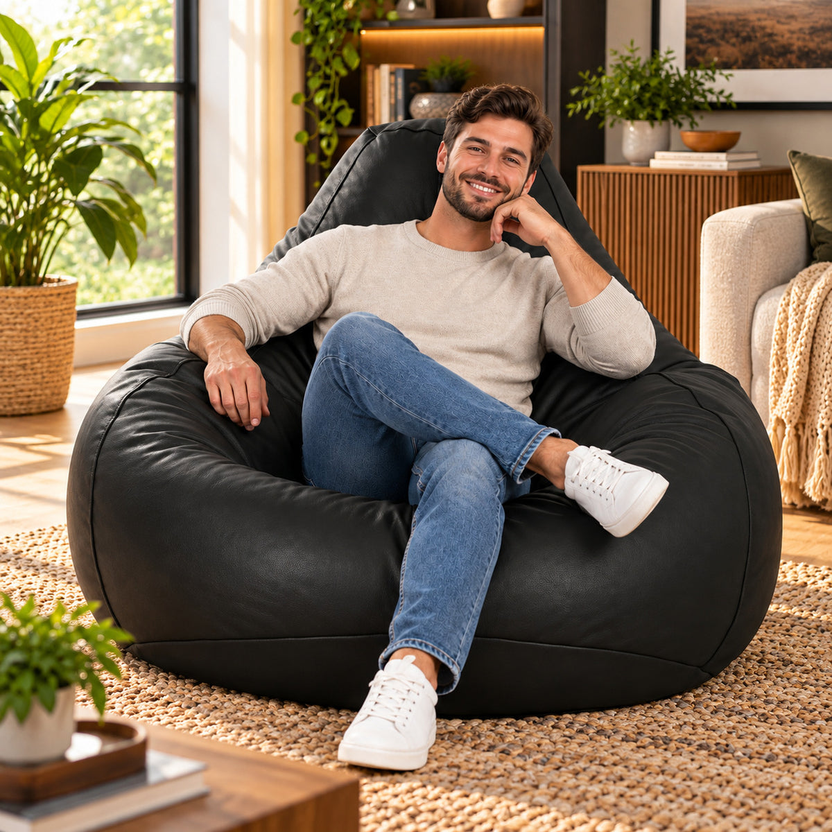 Genuine Cowhide Leather Bean Bag Chair Black
