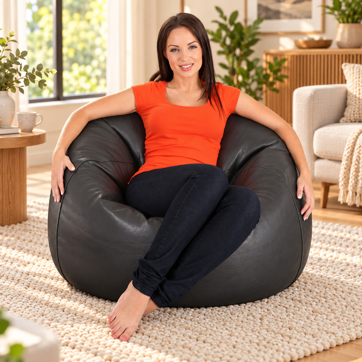 Premium Cowhide Leather Beanbag Chair Black