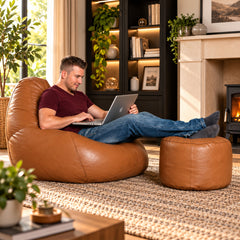 Genuine Cowhide Leather Bean Bag & Footrest Tan