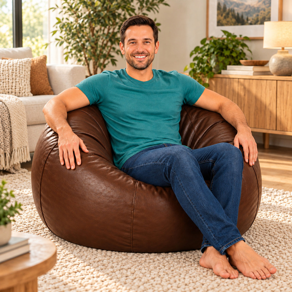 Genuine Cowhide Leather Beanbag Chair Brown