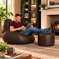 Genuine Cowhide Leather Bean Bag & Footrest Brown