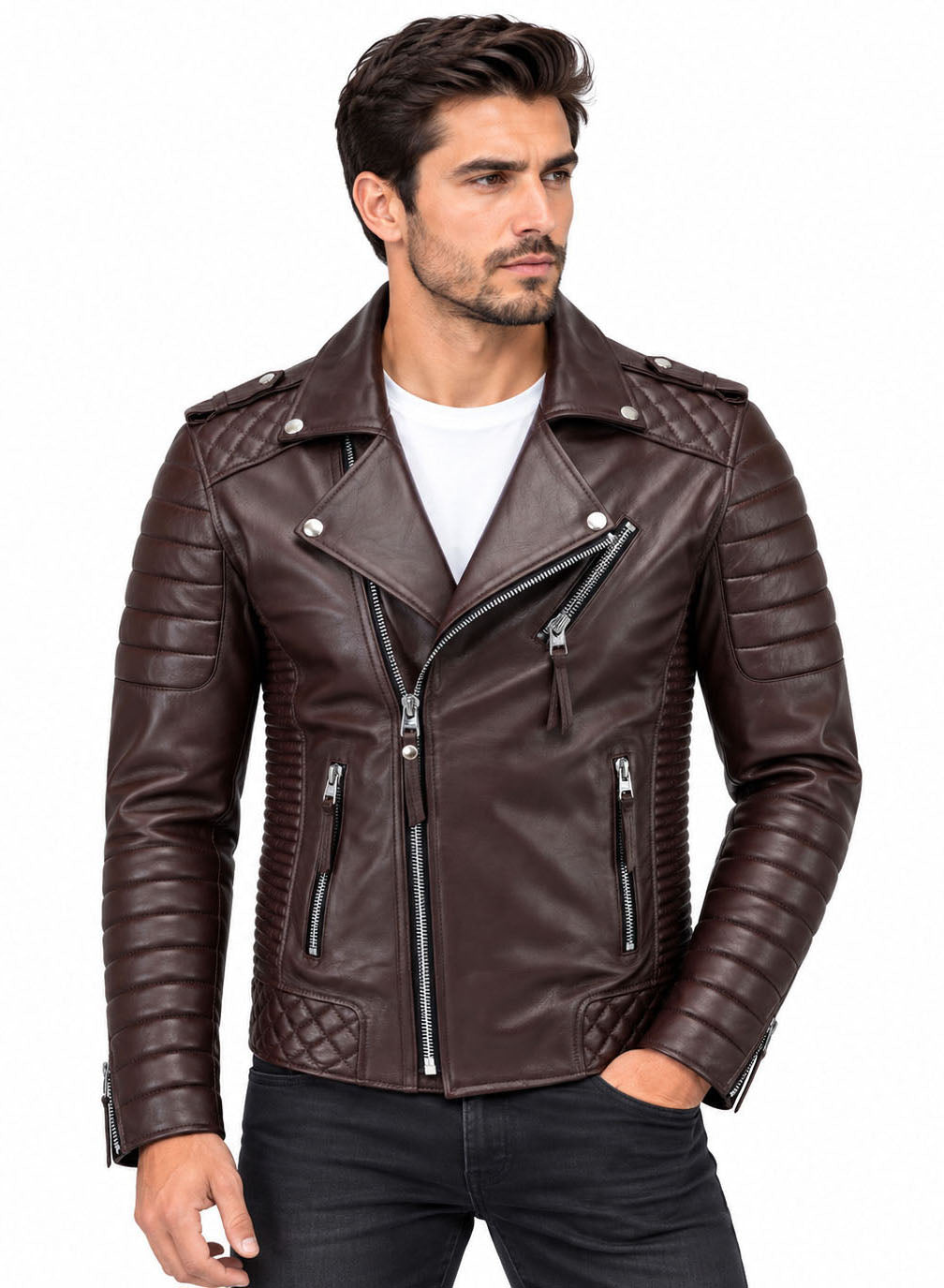 Men’s Leather Biker Jacket Brown