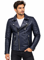 Men’s Leather Biker Jacket Dark Blue