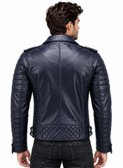 Men’s Leather Biker Jacket Dark Blue
