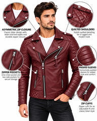 Men’s Leather Biker Jacket Dark Red