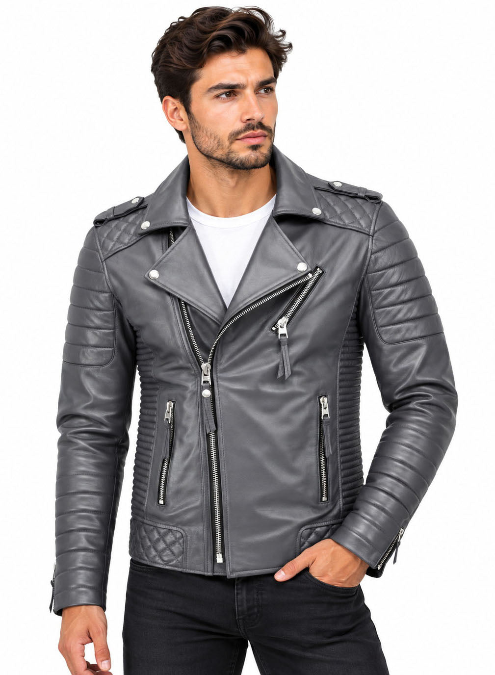 Men’s Leather Biker Jacket Grey