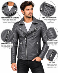 Men’s Leather Biker Jacket Grey