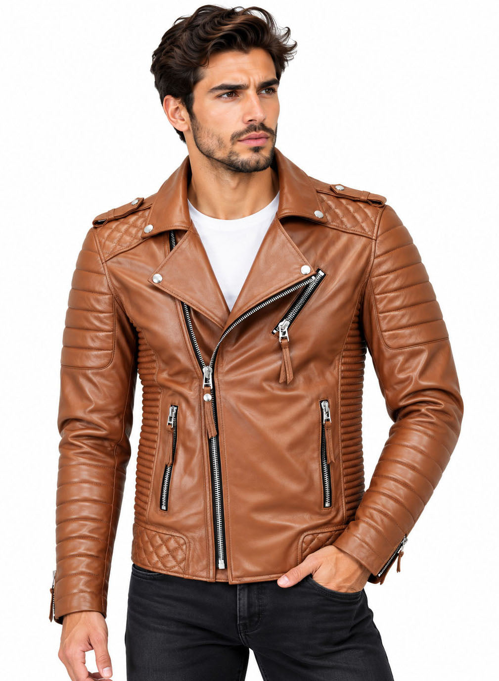 Men’s Leather Biker Jacket Mango Tan