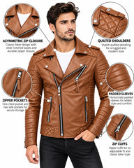 Men’s Leather Biker Jacket Mango Tan