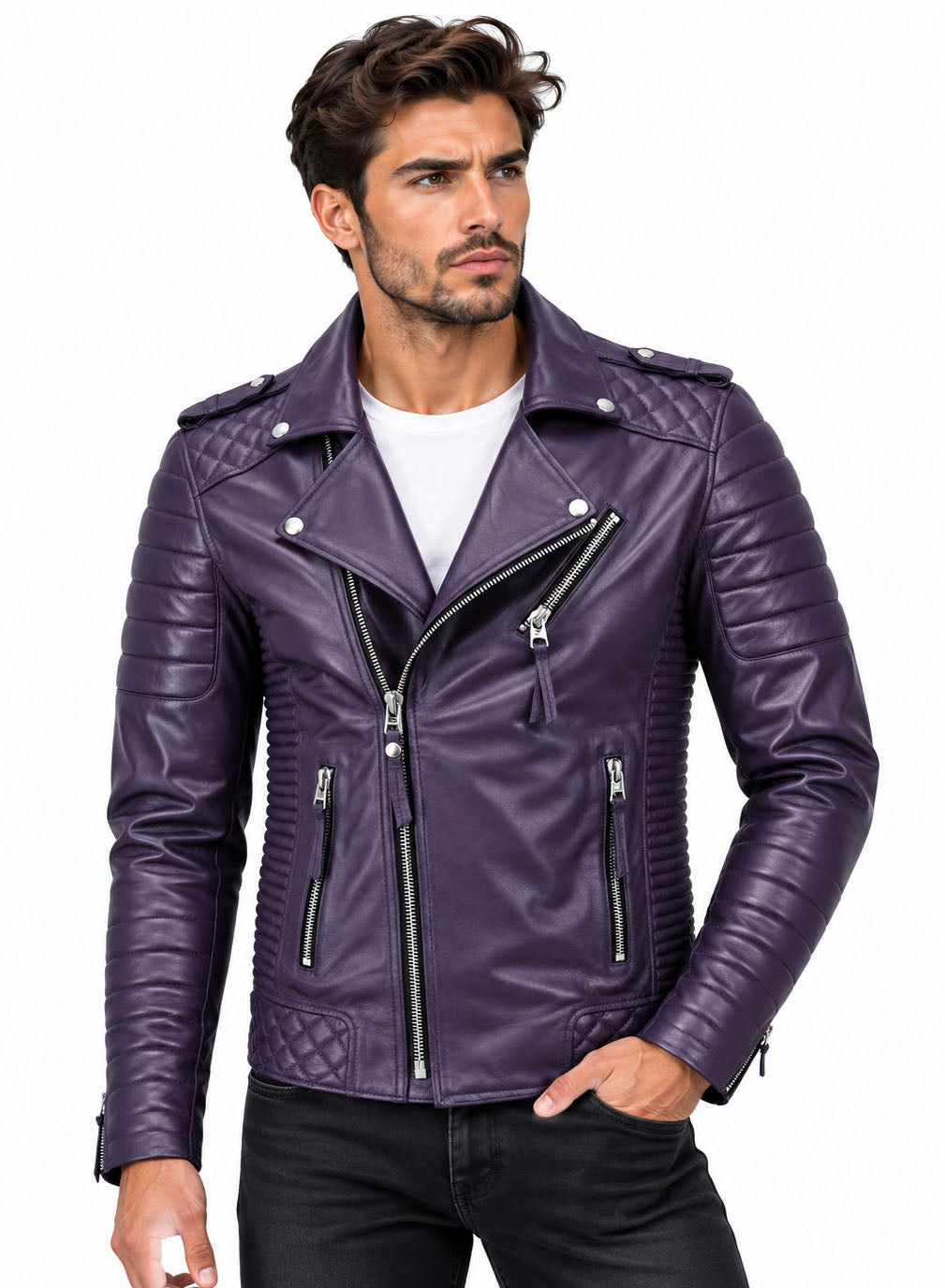 Men’s Leather Biker Jacket Purple