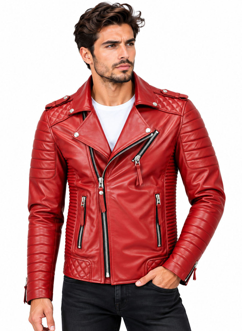Men’s Leather Biker Jacket Red