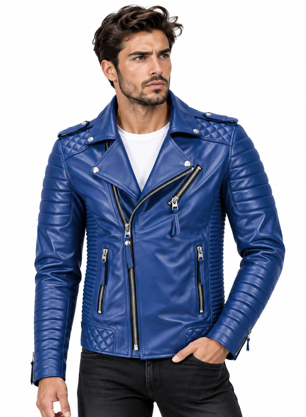Men’s Leather Biker Jacket Royal Blue