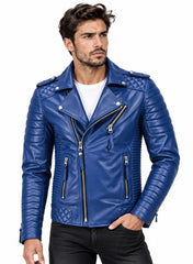 Men’s Leather Biker Jacket Royal Blue