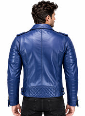 Men’s Leather Biker Jacket Royal Blue
