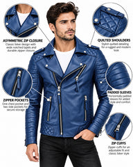 Men’s Leather Biker Jacket Royal Blue