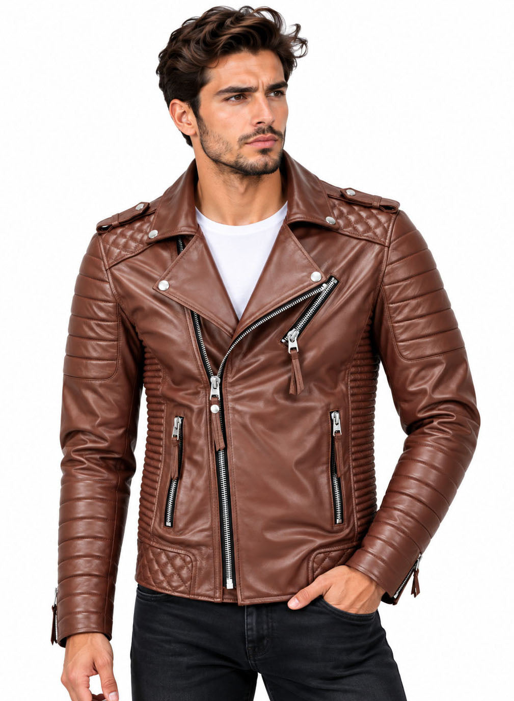 Men’s Leather Biker Jacket Tan