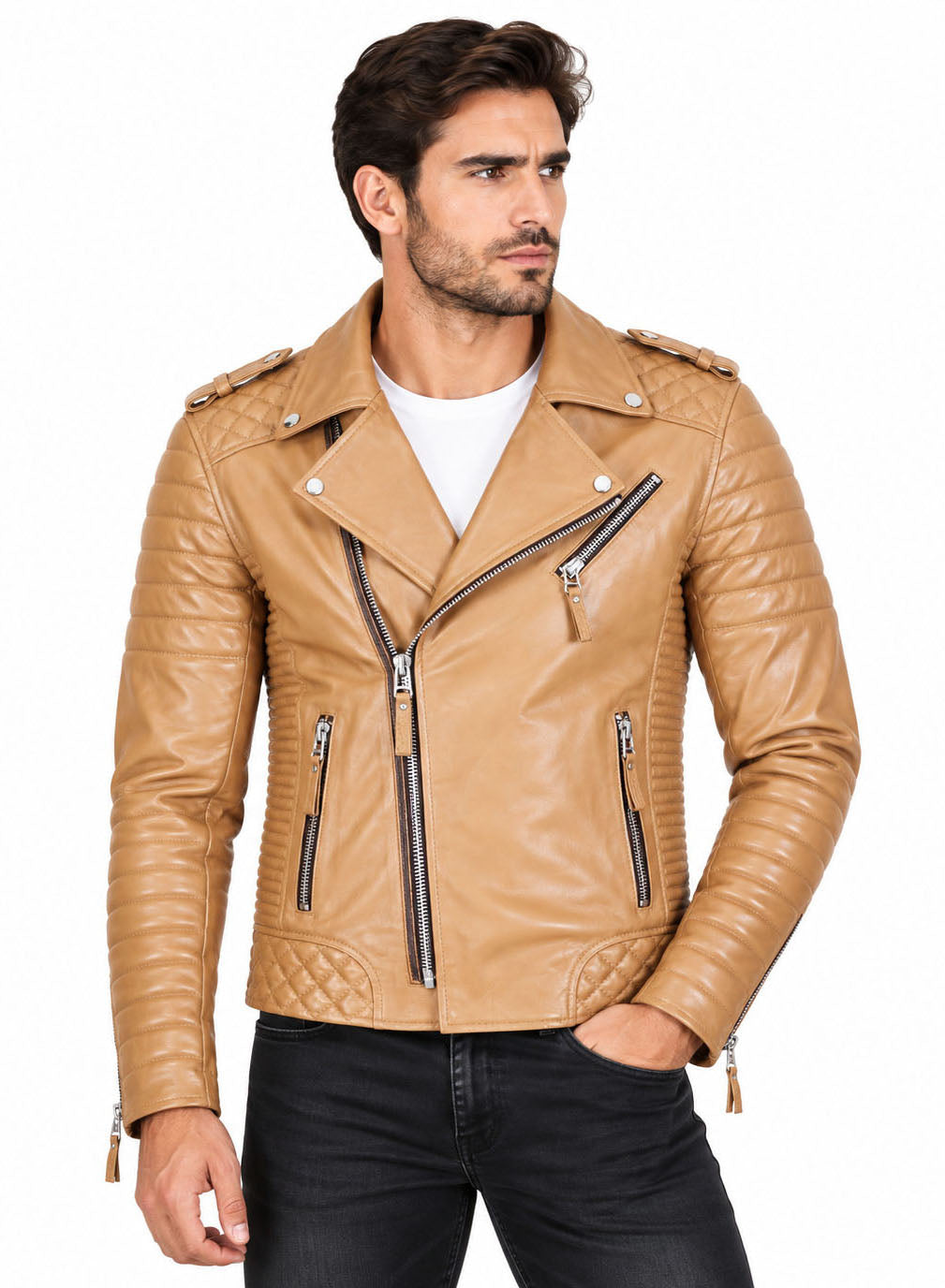 Men’s Leather Motorcycle Jacket Camel