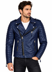 Men’s Leather Motorcycle Jacket Dark Blue