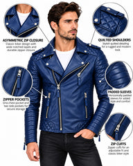 Men’s Leather Motorcycle Jacket Dark Blue