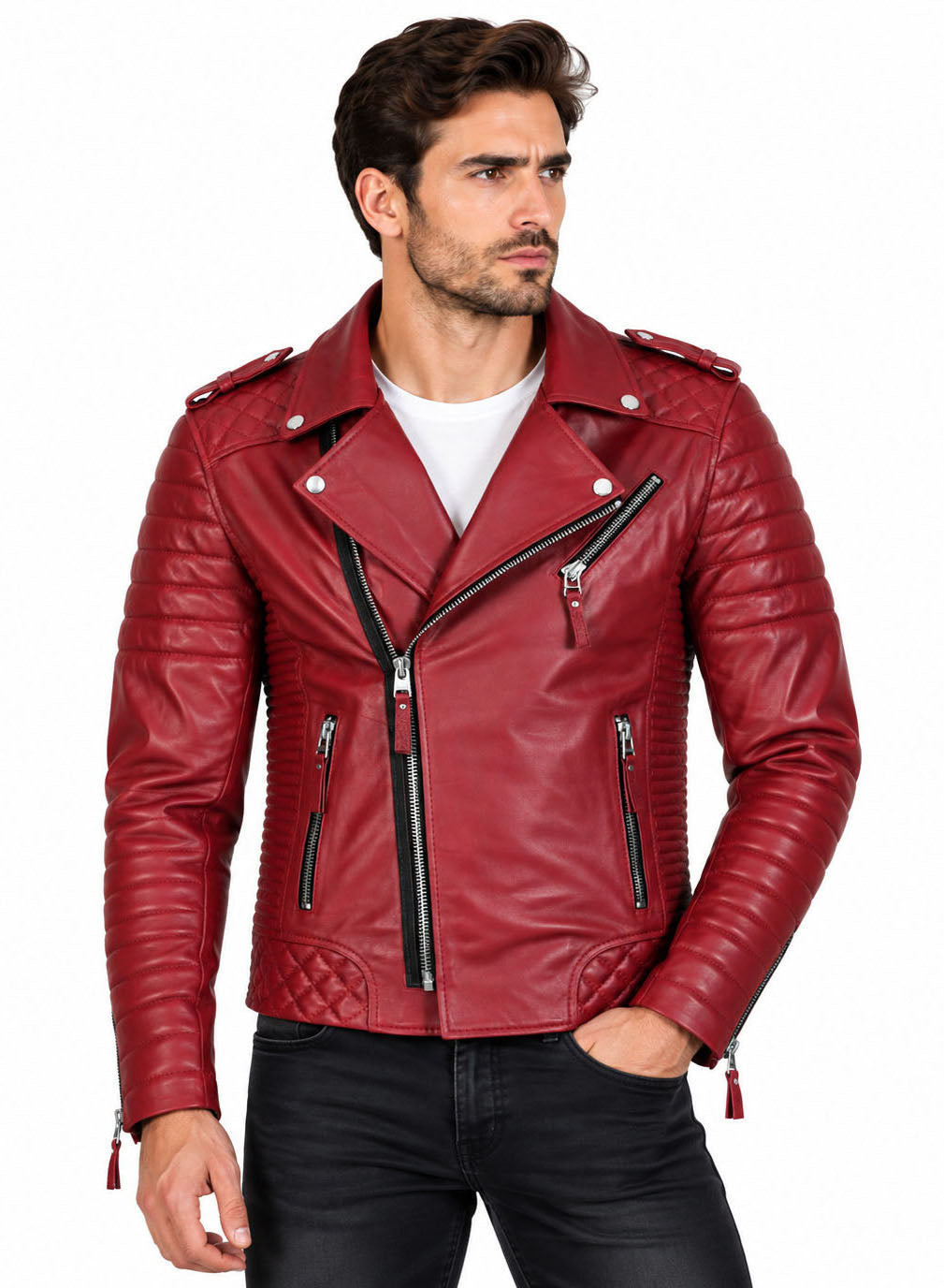 Men’s Leather Motorcycle Jacket Dark Red