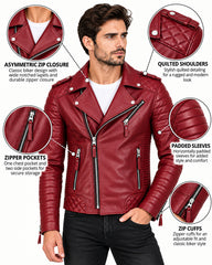 Men’s Leather Motorcycle Jacket Dark Red