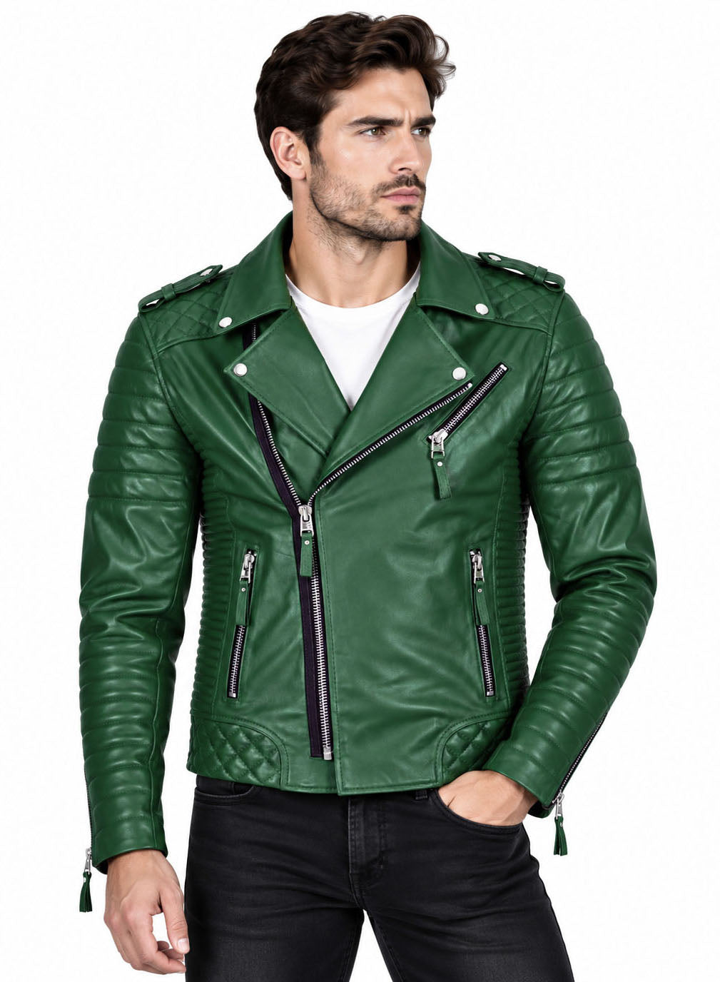 Men’s Leather Motorcycle Jacket Green
