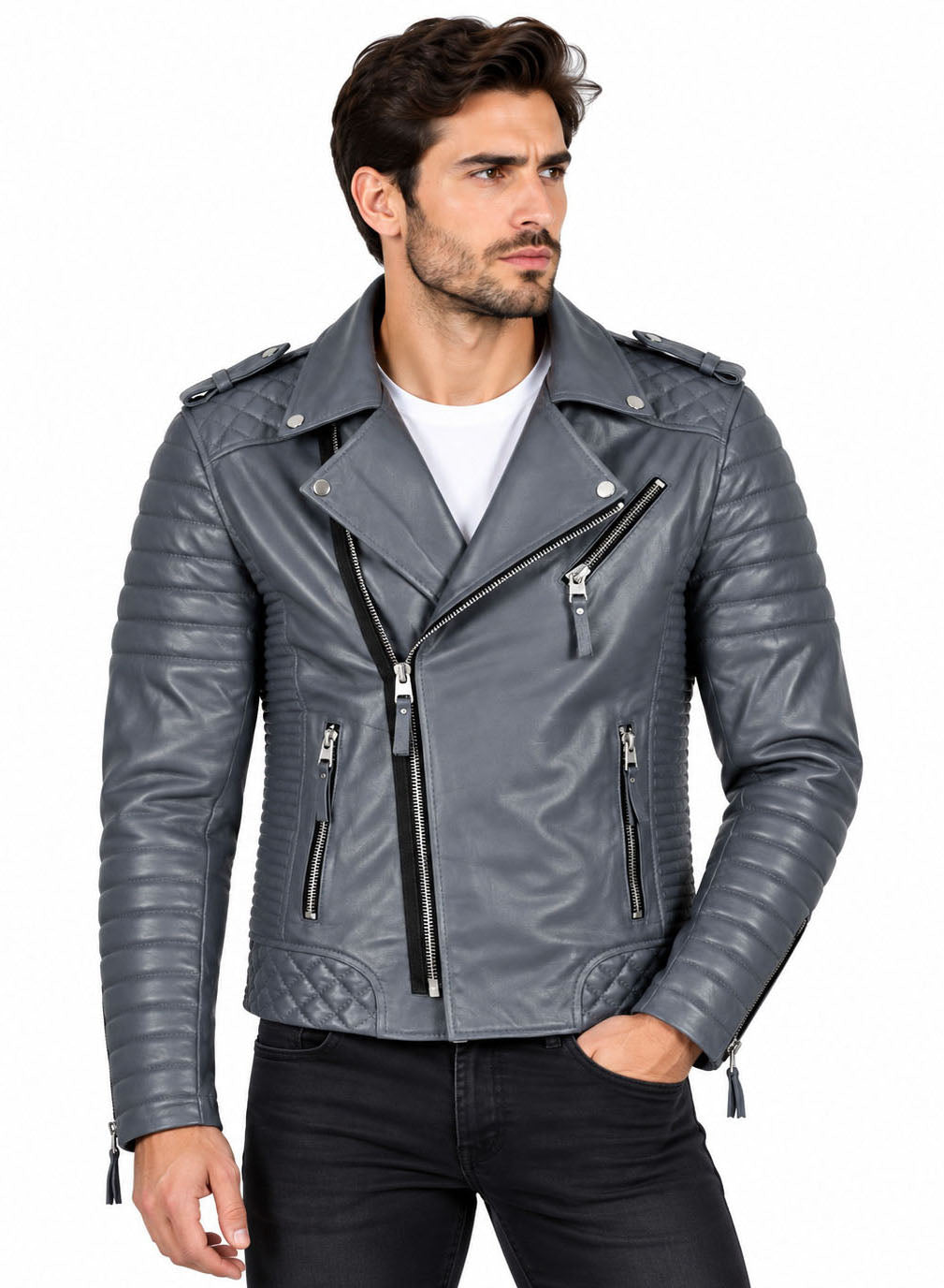 Men’s Leather Motorcycle Jacket Grey