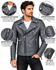 Men’s Leather Motorcycle Jacket Grey
