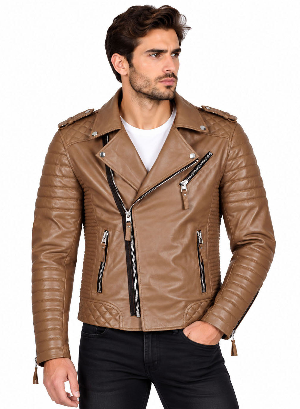 Men’s Leather Motorcycle Jacket Mango Tan