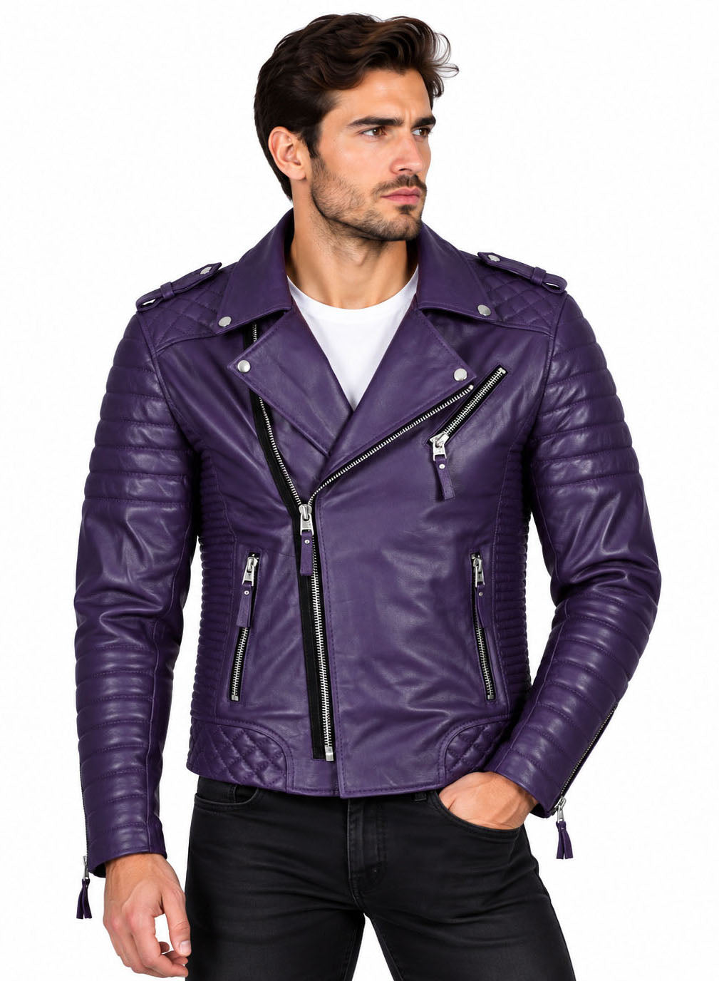 Men’s Leather Motorcycle Jacket Purple