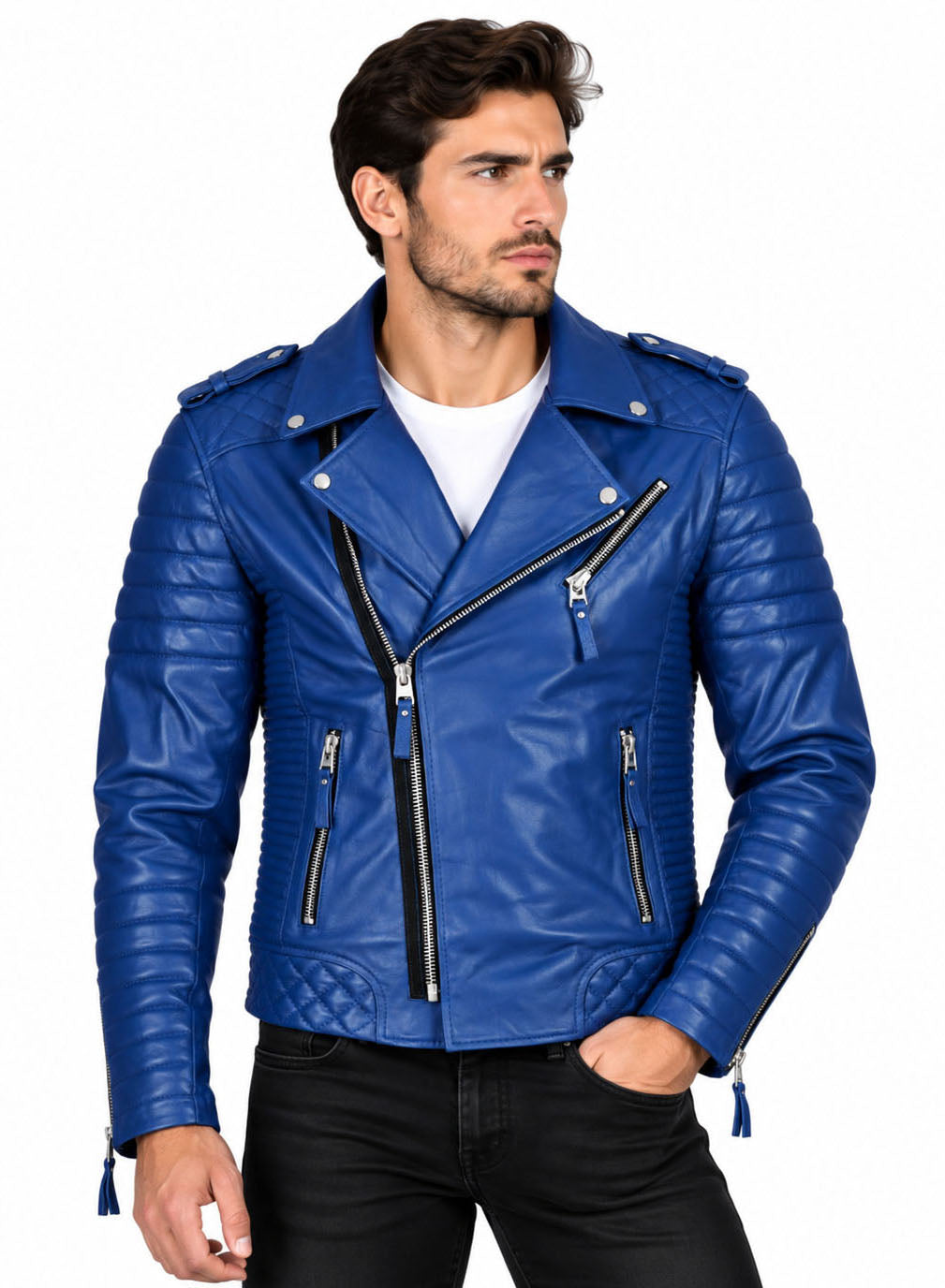 Men’s Leather Motorcycle Jacket Royal Blue