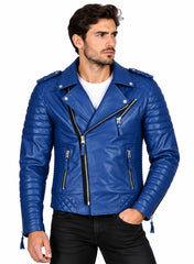 Men’s Leather Motorcycle Jacket Royal Blue