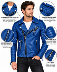 Men’s Leather Motorcycle Jacket Royal Blue