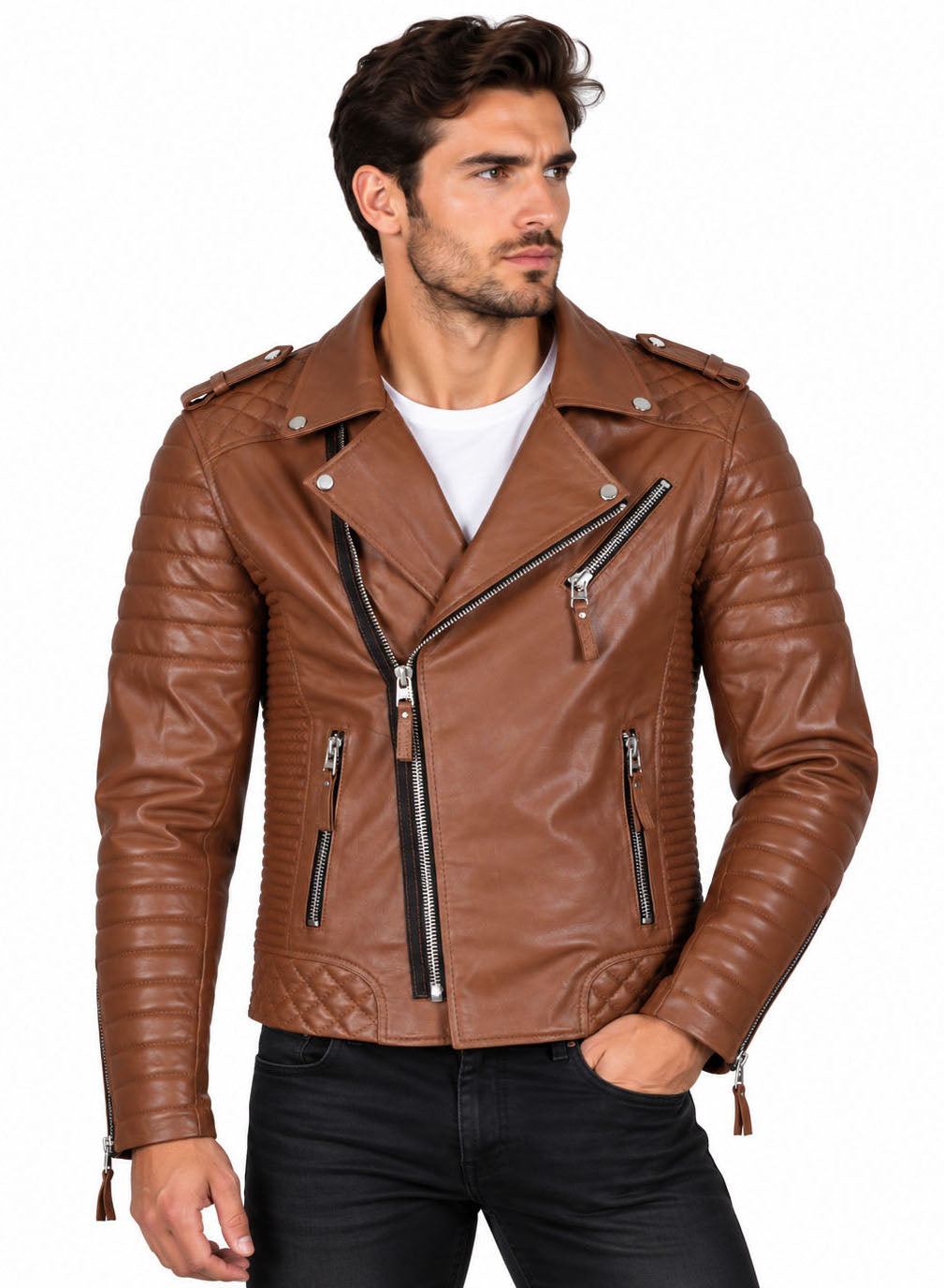 Men’s Leather Motorcycle Jacket Tan