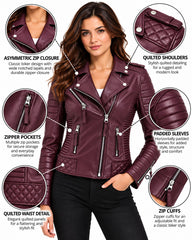 Women’s Leather Biker Jacket Bordo